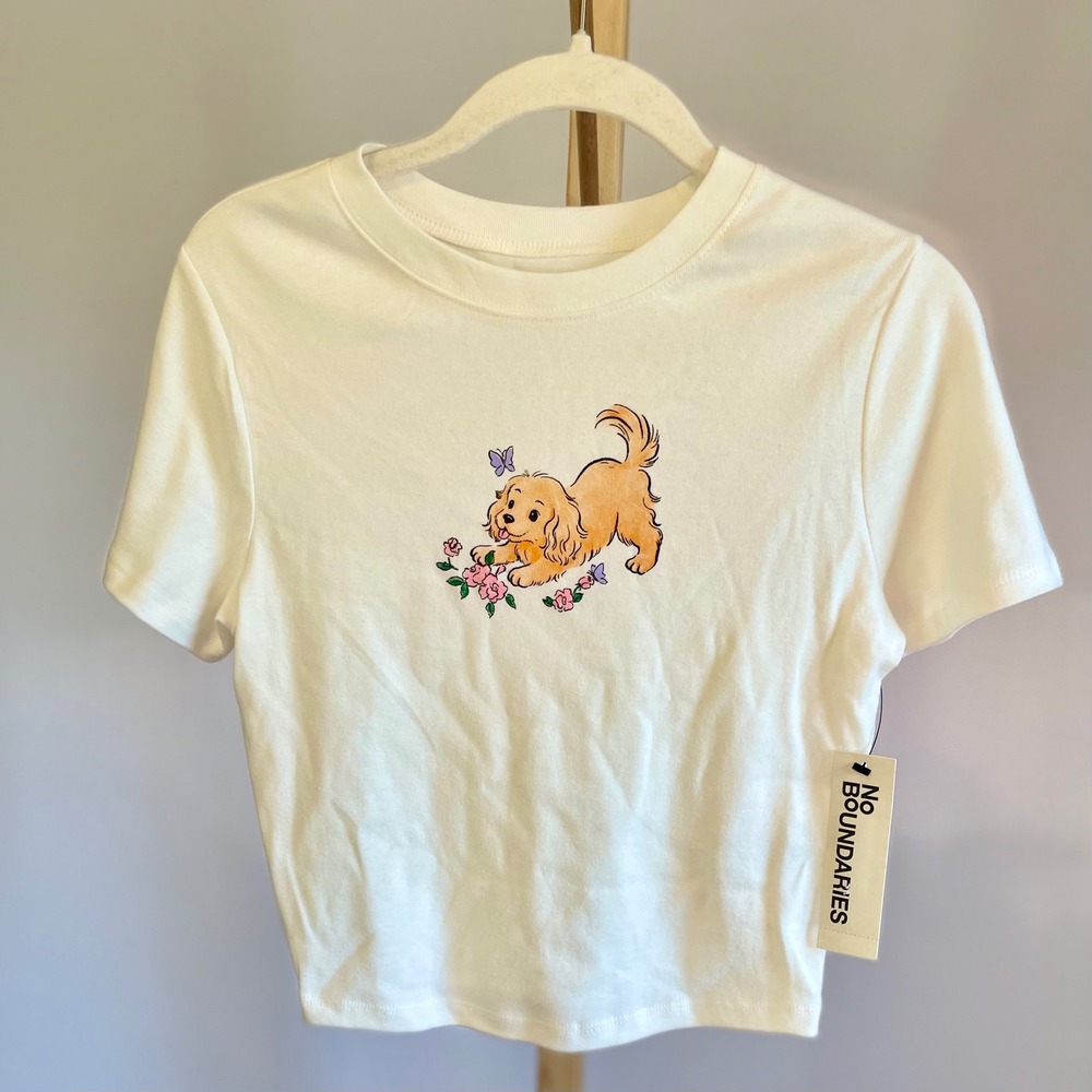 No Boundaries Womens Puppy Graphic Baby Tee Cream White Ribbed Crop Top Size M